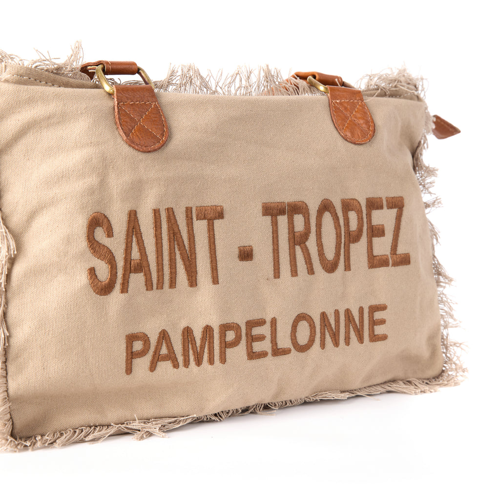 Lani bag (a beige washed canvas shoulder bag), close-up of a front detail