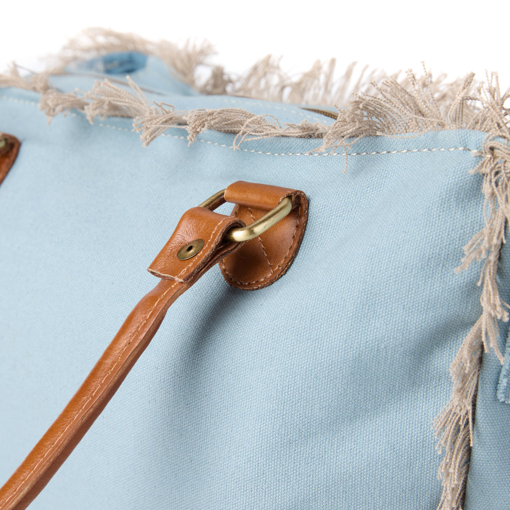 Lani bag (a blue washed canvas shoulder bag), close-up of the handle