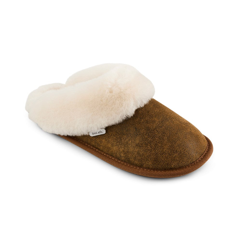 Brown leather slipper with white fur lining on a white background