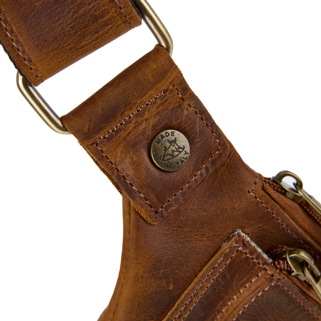 Maldini bag (a tan distressed leather bum bag), close-up detail