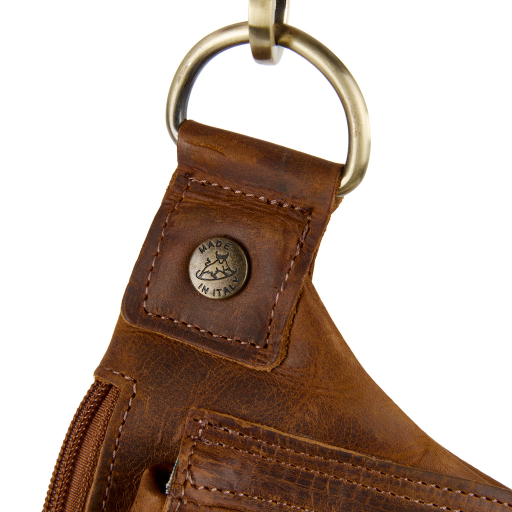 Maldini bag (a tan distressed leather bum bag), close-up detail