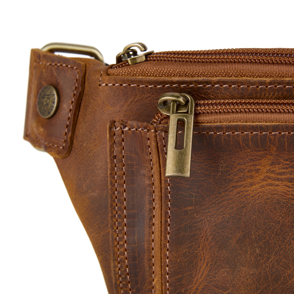 Maldini bag (a tan distressed leather bum bag), close-up detail