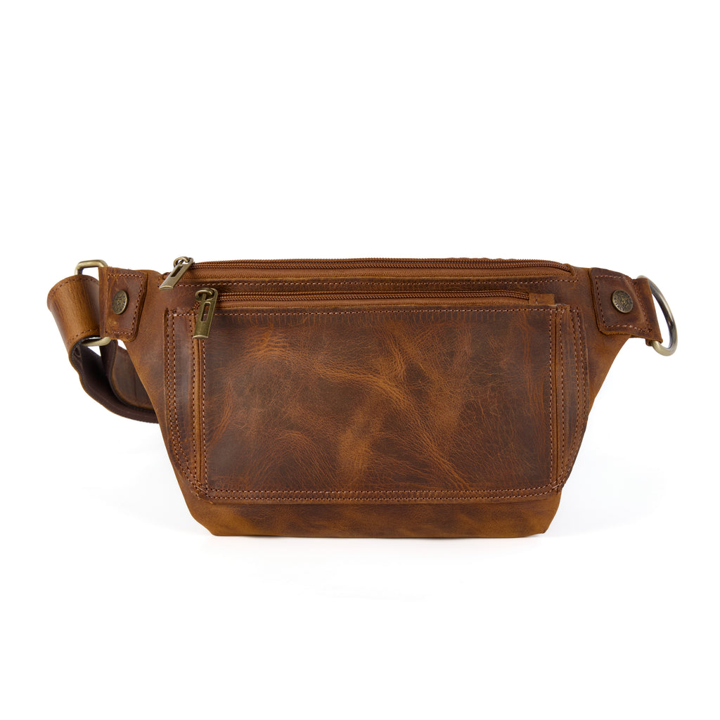 Maldini: a tan distressed leather bum bag with front zip pockets, an adjustable strap and brass hardware, shown at an angle
