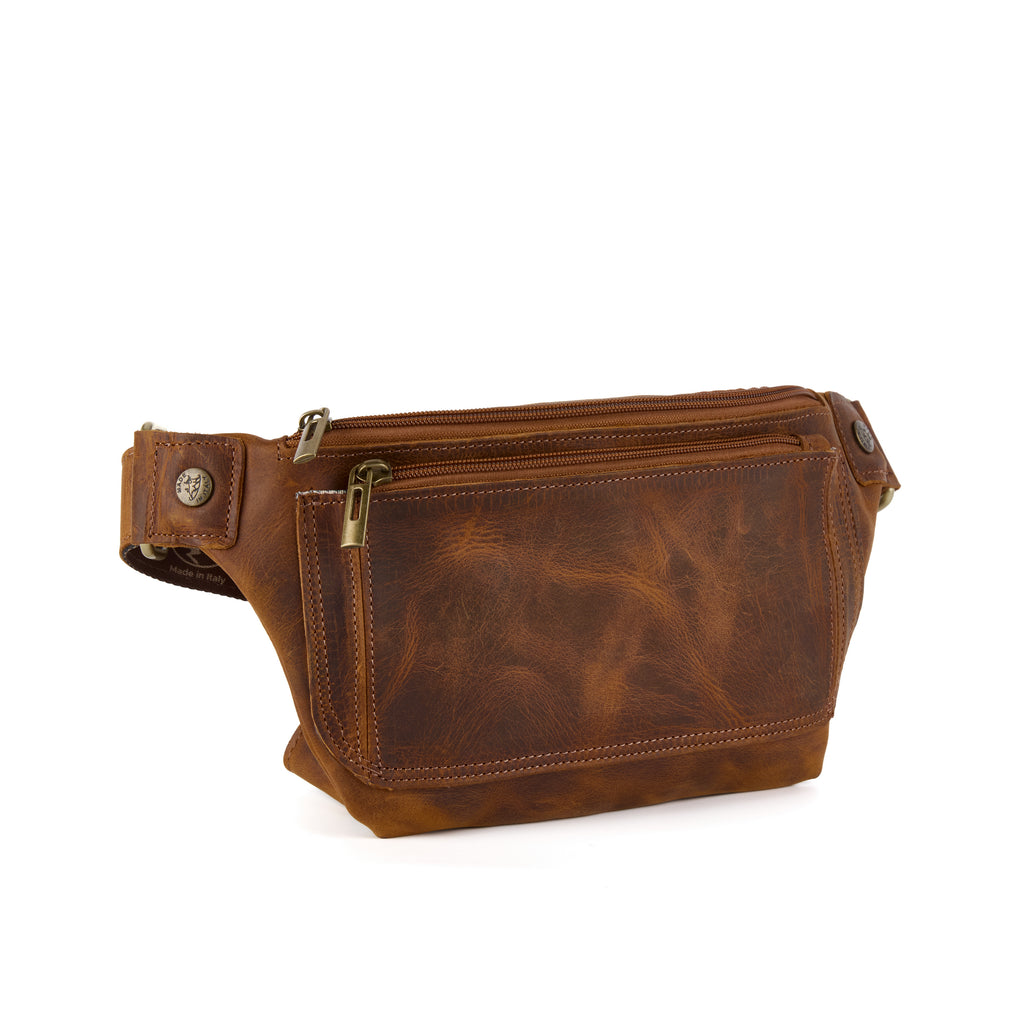 Maldini: a tan distressed leather bum bag with front zip pockets, an adjustable strap and brass hardware, shown from another angle