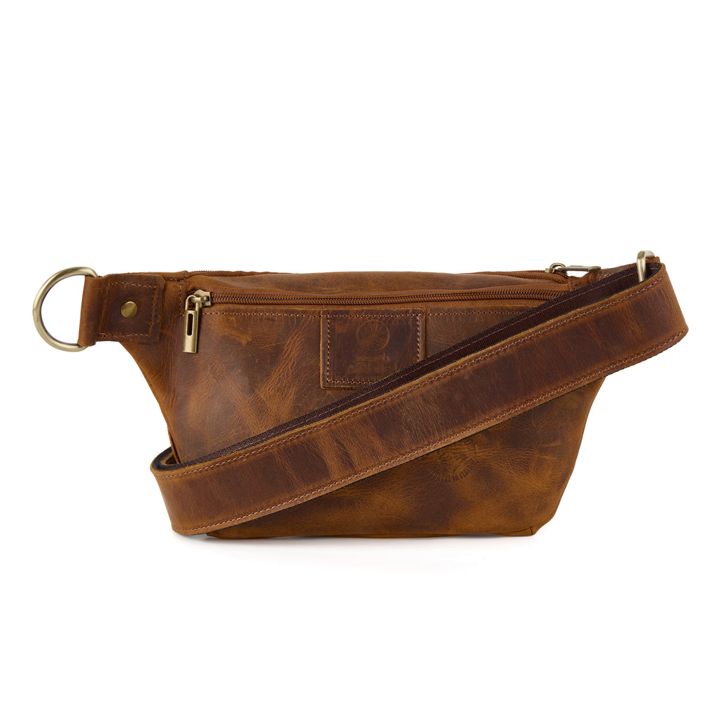 Maldini bag (a tan distressed leather bum bag), close-up detail
