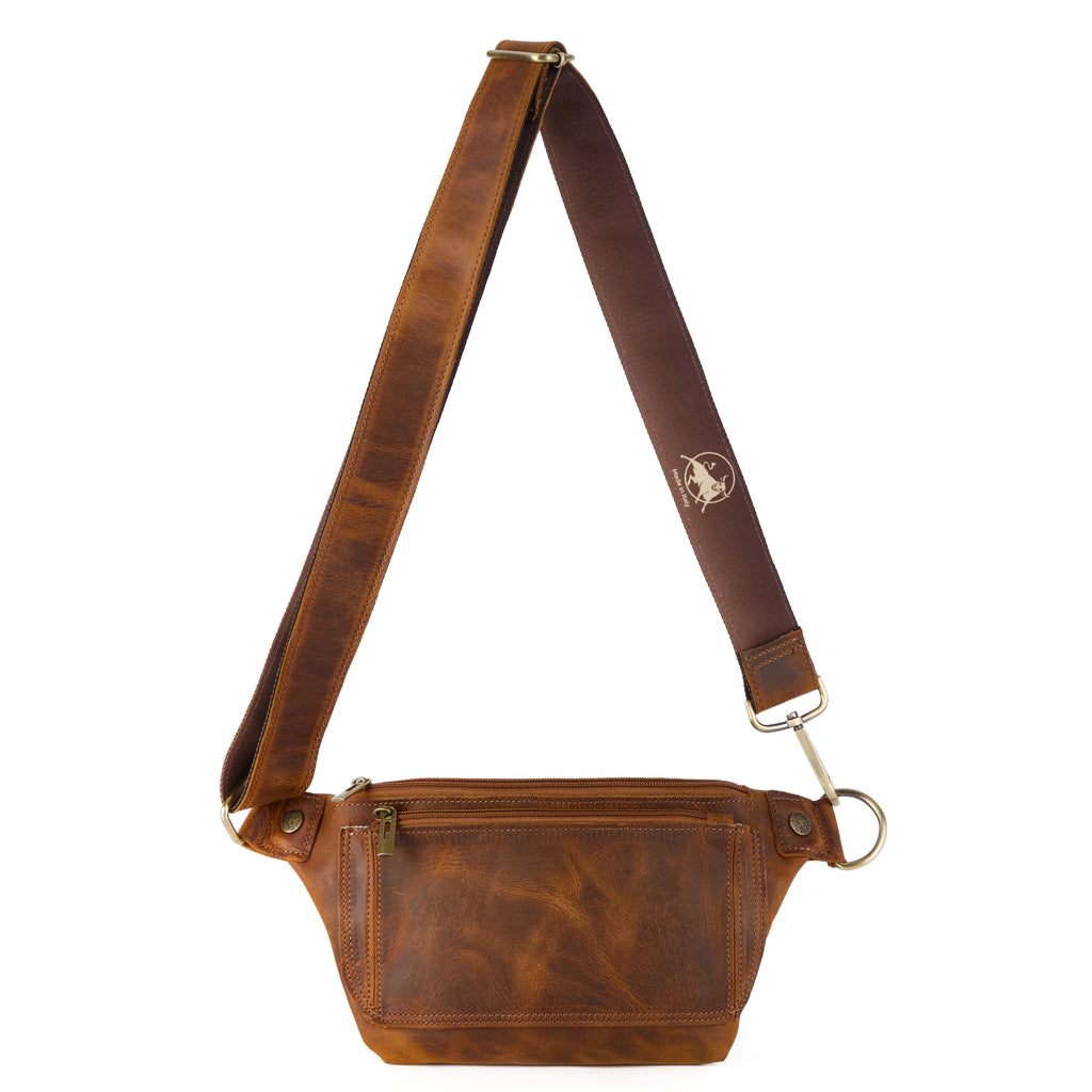 Maldini bag (a tan distressed leather bum bag), close-up detail