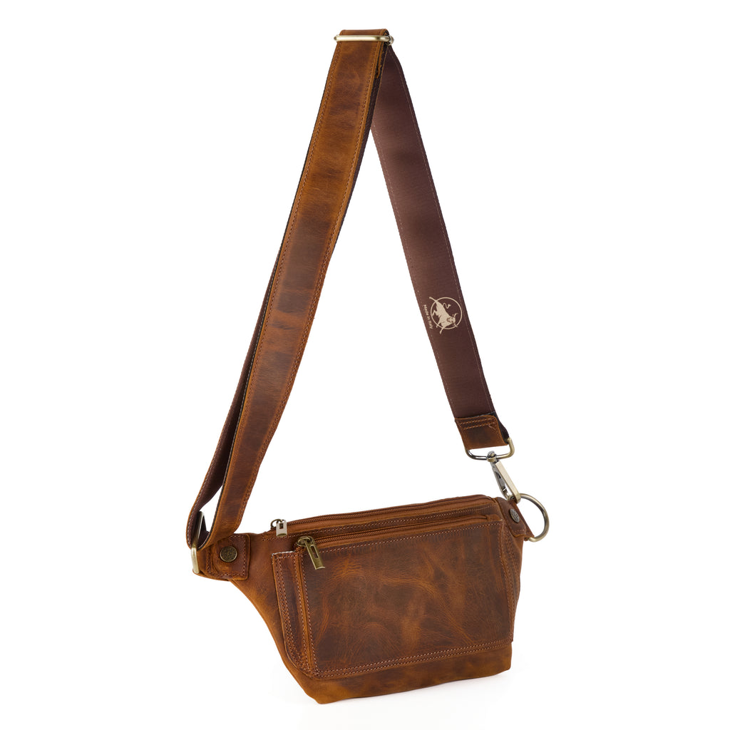 Maldini bag (a tan distressed leather bum bag), close-up detail