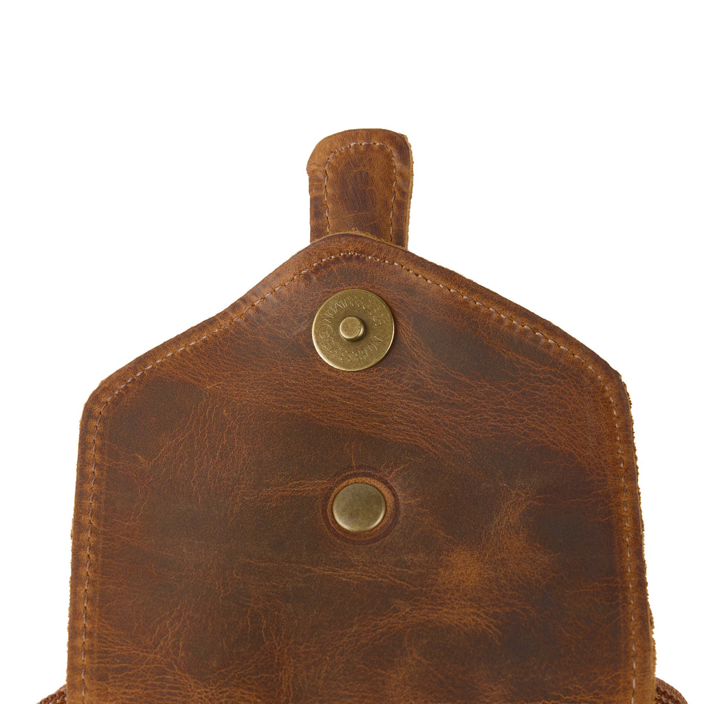Meazza bag (a tan distressed leather mini shoulder bag), close-up detail