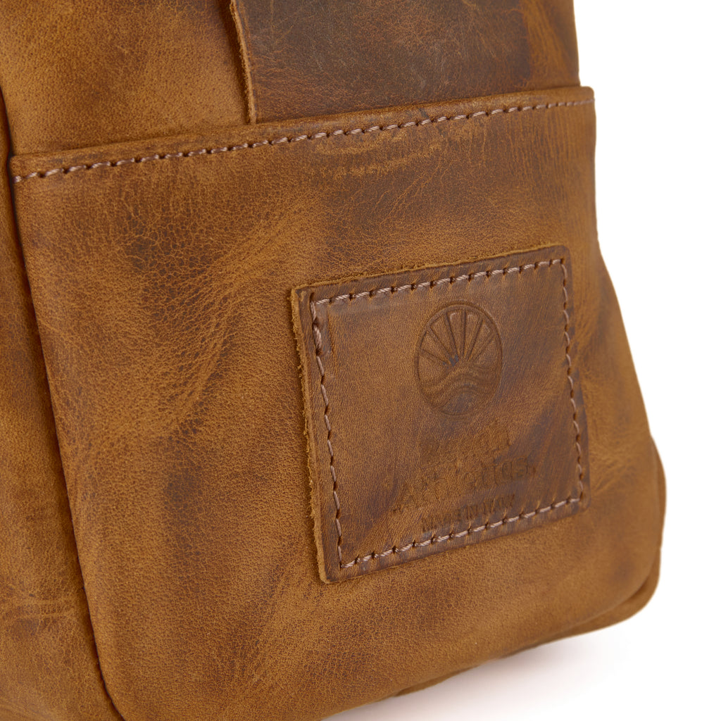Meazza bag (a tan distressed leather mini shoulder bag), close-up detail
