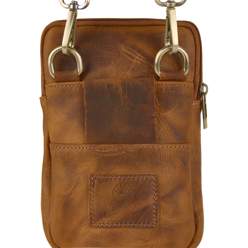 Meazza bag (a tan distressed leather mini shoulder bag), close-up detail