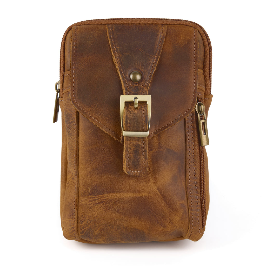 Meazza: a tan distressed leather mini shoulder bag with a front flap pocket, twin D-ring loops and brass zip hardware, shown from another angle