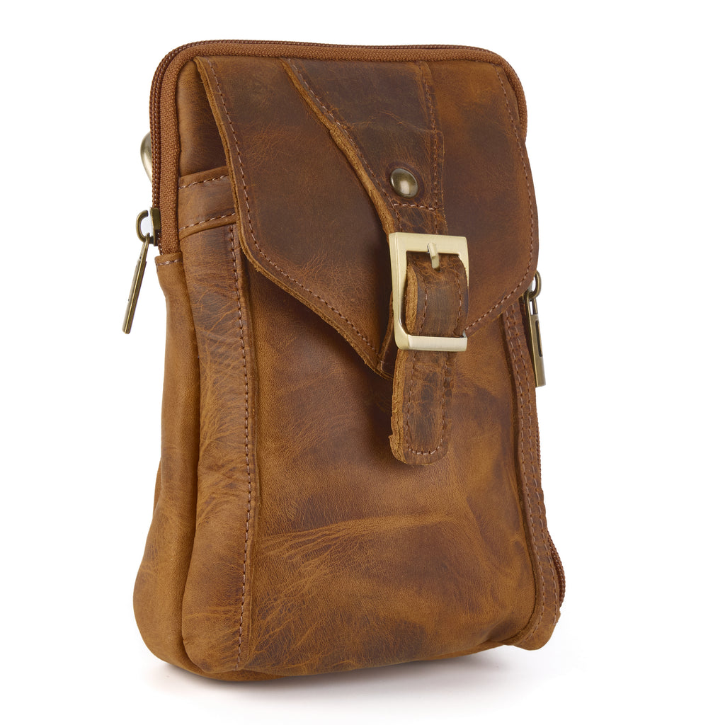 Meazza bag (a tan distressed leather mini shoulder bag), close-up detail
