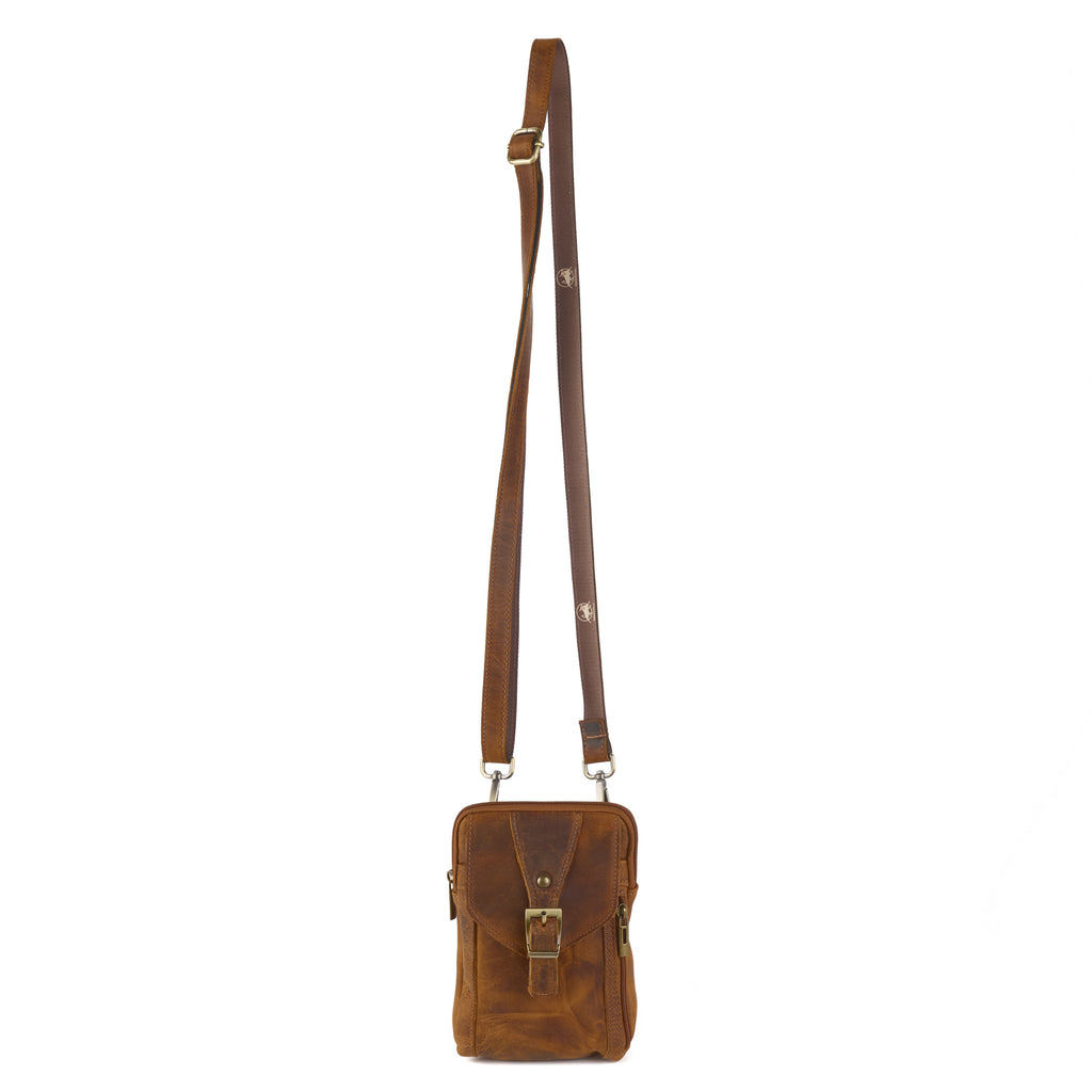 Meazza bag (a tan distressed leather mini shoulder bag), close-up detail