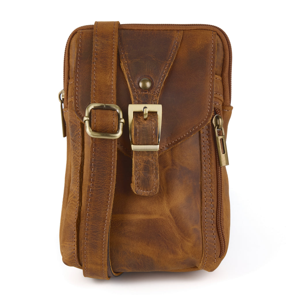 Meazza bag (a tan distressed leather mini shoulder bag), close-up detail