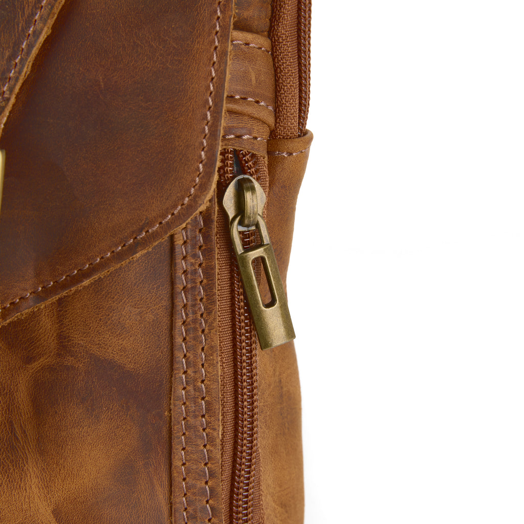 Meazza bag (a tan distressed leather mini shoulder bag), close-up detail