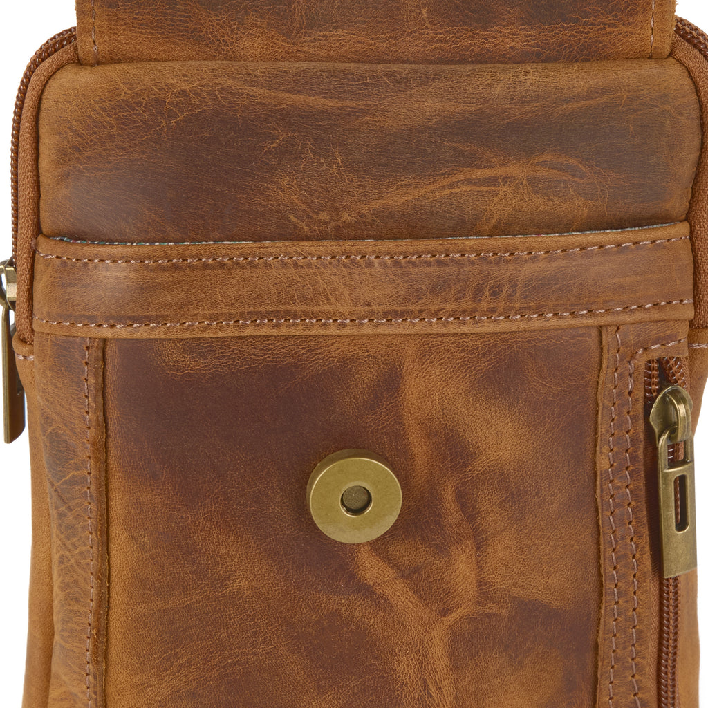 Meazza bag (a tan distressed leather mini shoulder bag), close-up detail