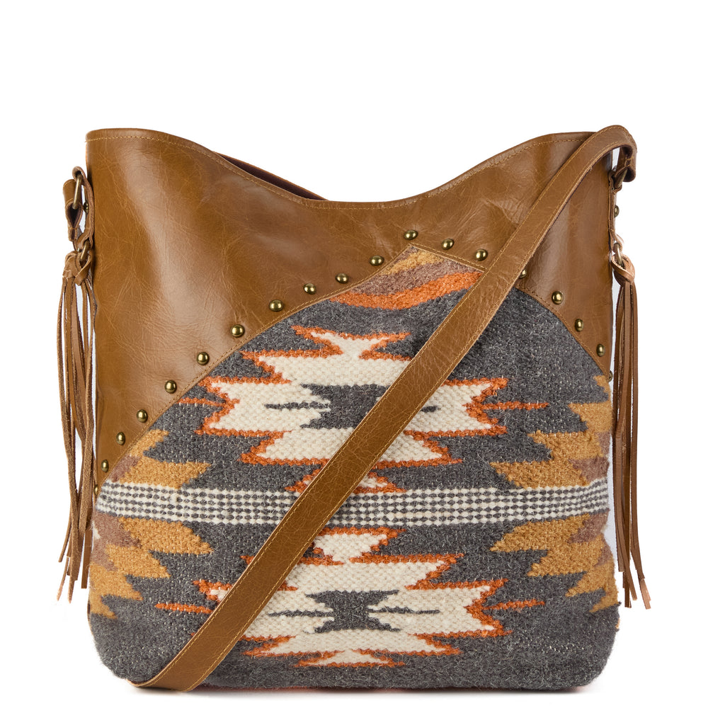 Monterey bag (a tan leather and boho-weave shoulder bag), close-up detail
