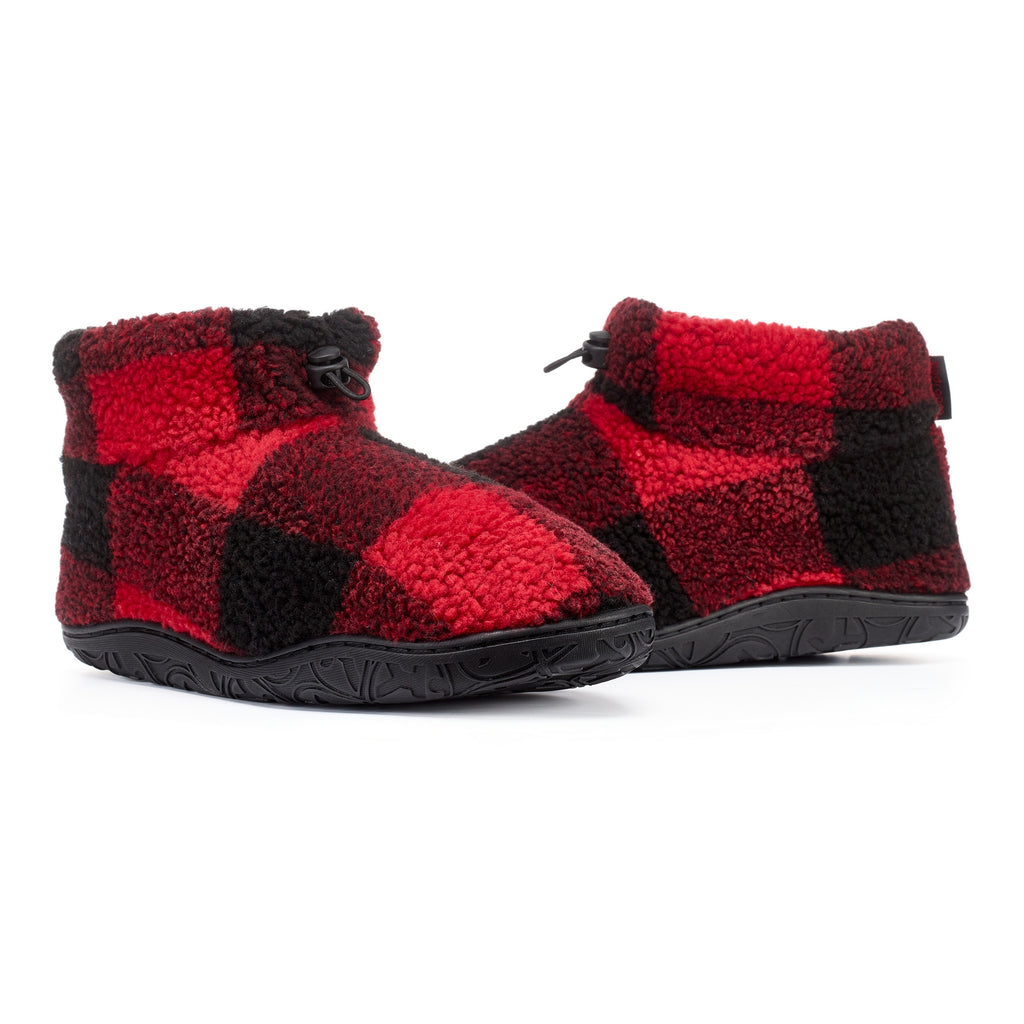 pair of mens red and black plaid ankle slipper boots