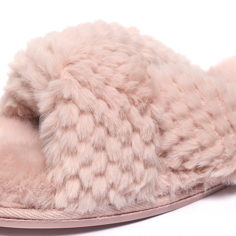Nicki Dusky Pink Waffle Faux Fur Crossover Slipper Slider Bedroom