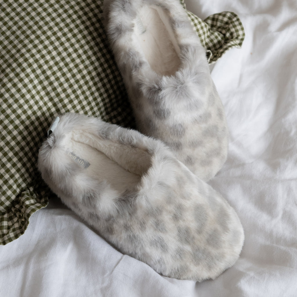 Nadine - Luxury Faux Fur Mule - Grey Leopard
