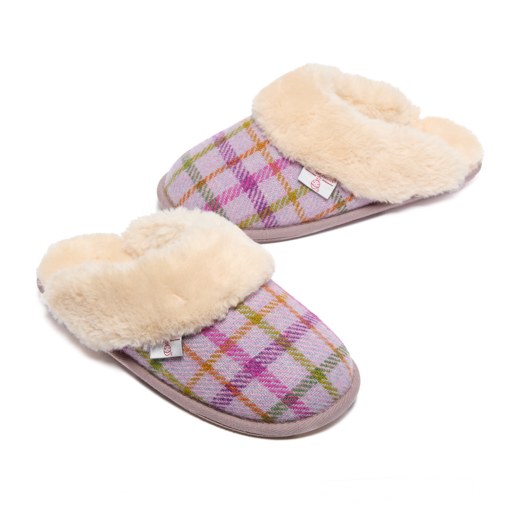 Harris Tweed lical checked slippers with faux fur cuff and lining