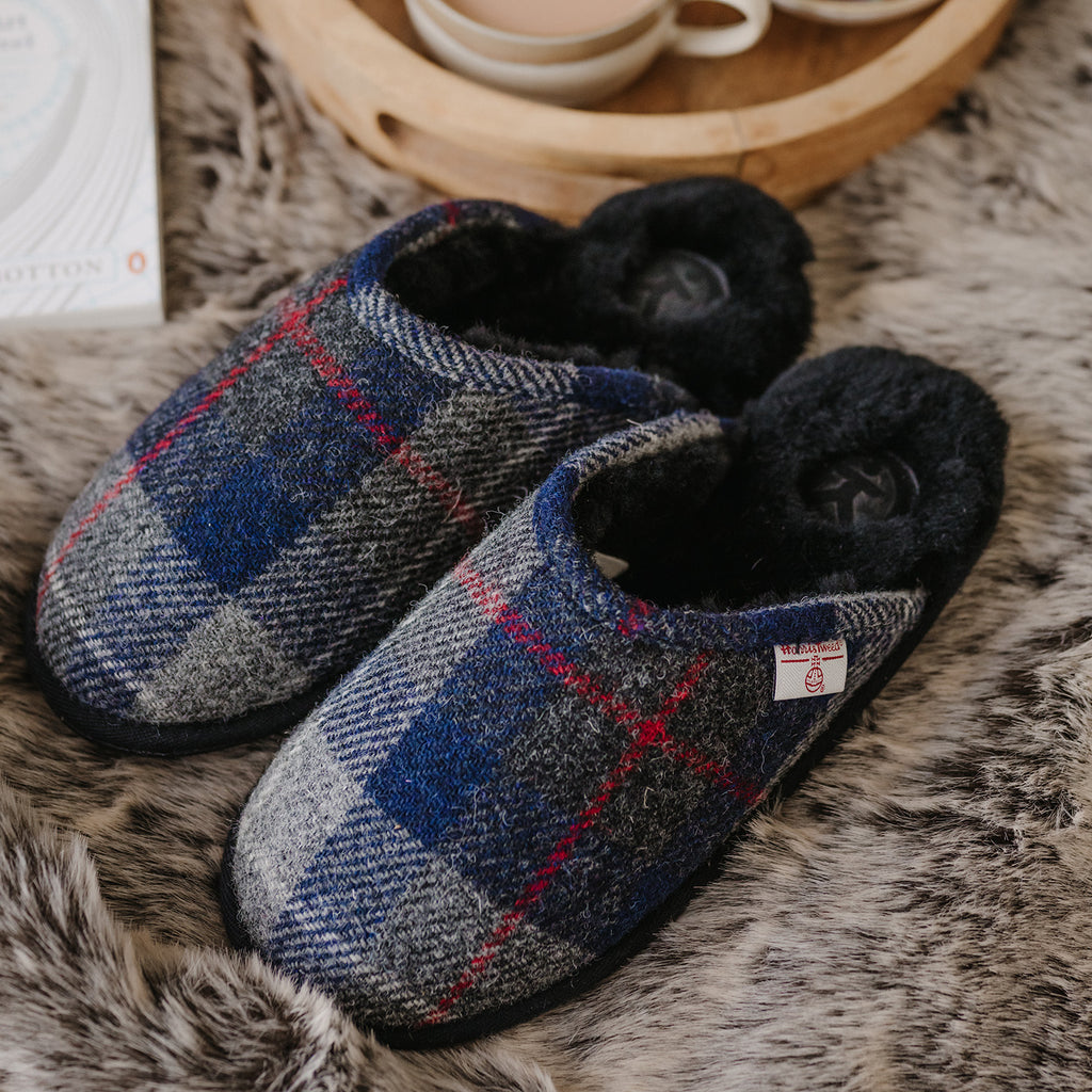 William Black and Navy Check with Harris Tweed Mule Slippers