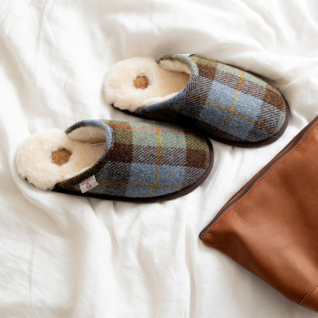 William - Harris Tweed Mule - Chocolate / Green Check