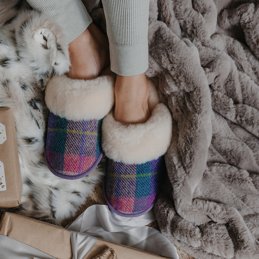 Kate - Sheepskin Lined Mule - Lilac / Blue check