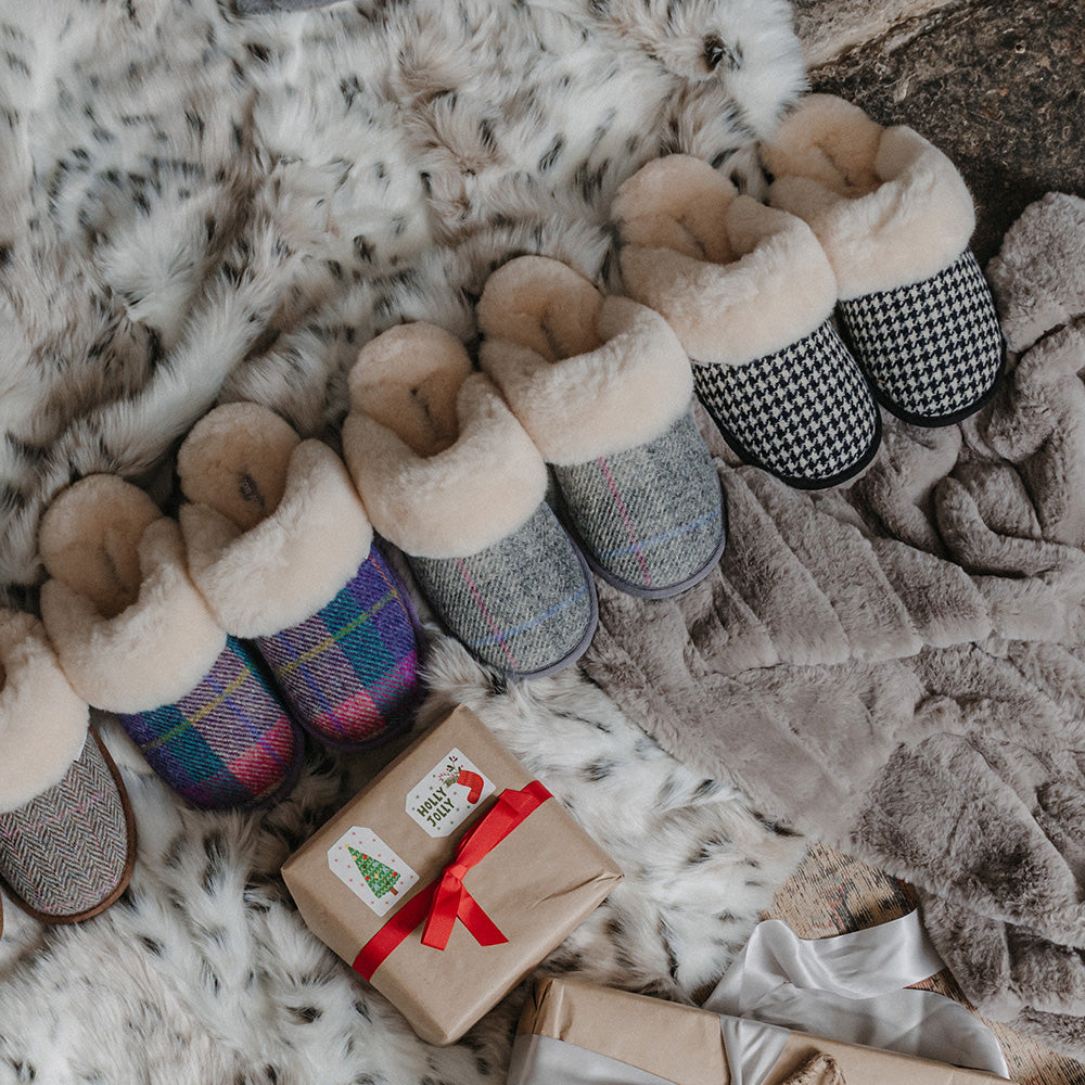 Kate - Sheepskin Lined Mule - Grey / Pink Check