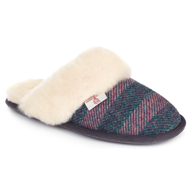 The Kate Harris Tweed Mule in Demin and Pink Stripe has luxurious Grade A Australian sheepskin. Bedroom Athletics offers a wide range of premium quality slippers, slip on boots and loungewear.