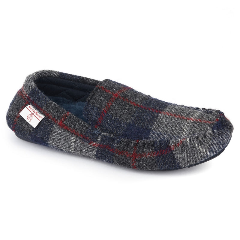 The Men's Louis Harris Tweed Moccasin in Navy and Black features a memory foam insole and has a practical driving sole unit, plus Grade A Australian sheepskin shearling lining. Bedroom Athletics offers a wide range of premium quality slippers, slip on boots and loungewear.