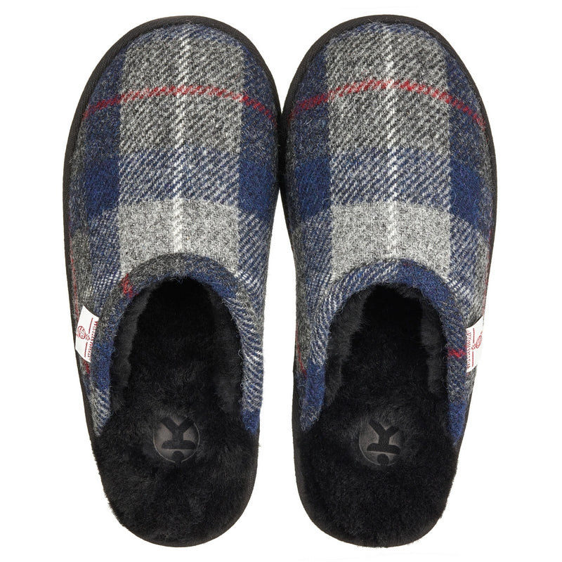 The Men's William Harris Tweed Mule in Navy Black Check combines luxurious Grade A Australian sheepskin with Harris Tweed. Bedroom Athletics offers a wide range of premium quality slippers, slip on boots and loungewear.