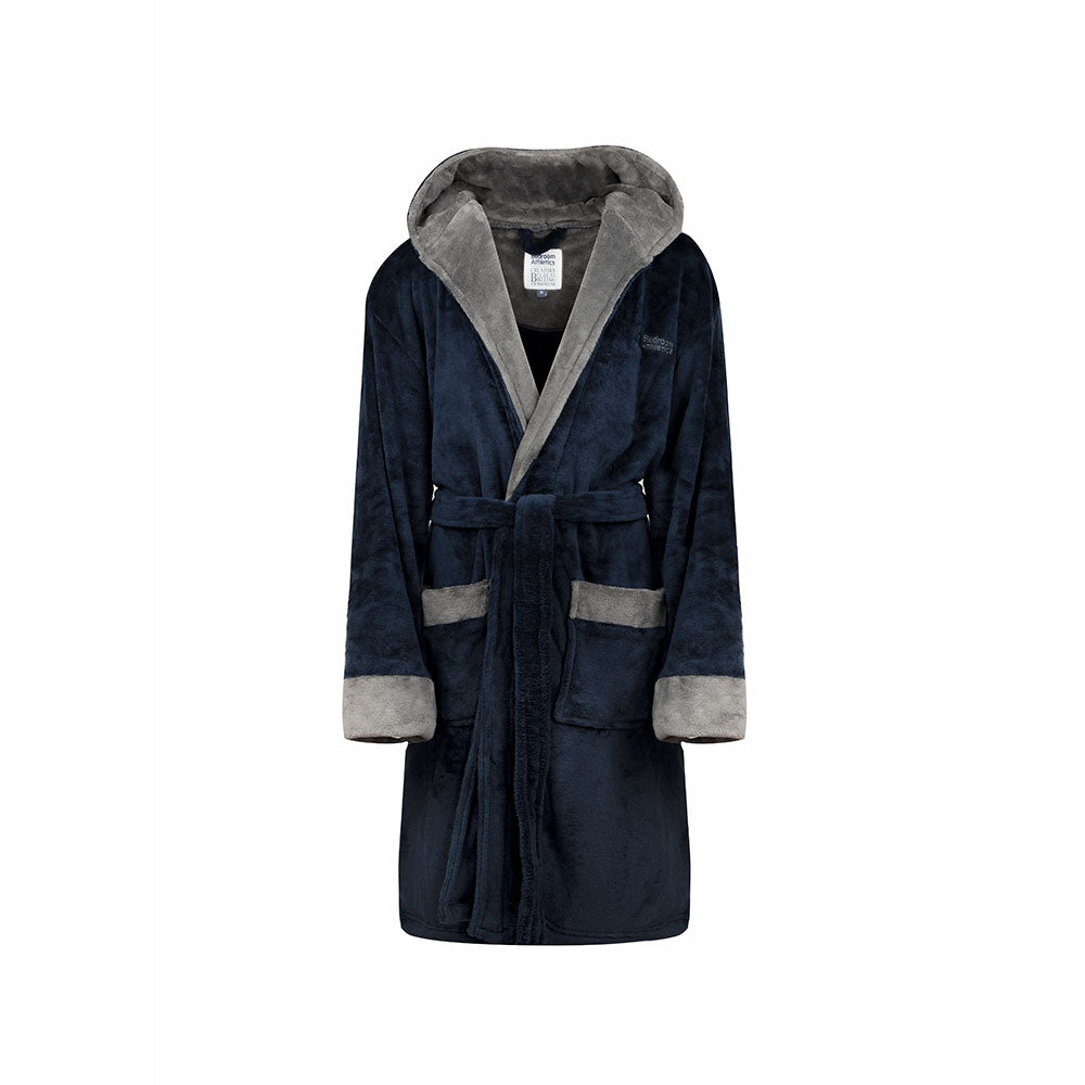 The Men's Moore Flannel Fleece Dressing Gown in Navy is a soft fleece lining and a cozy hood. Bedroom Athletics offers a wide range of premium quality slippers, slip on boots and loungewear.