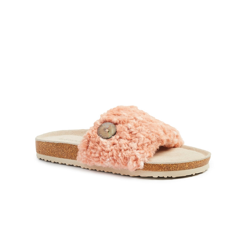 The Women's Poppy Luxury Faux Fur Slipper Slider in Pink has a cork wedge and oversized shell button give the Poppy a summer beach vibe. Bedroom Athletics offers a wide range of premium quality slippers, slip on boots and loungewear.