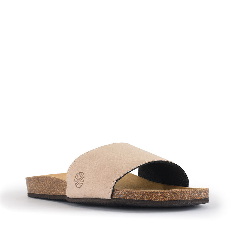 The Candali Vegan Sandal Slider in Light Brown has a suede-look upper and simple styling with a low heel make it a great summer staple. Bedroom Athletics offers a wide range of premium quality slippers, slip on boots and loungewear.