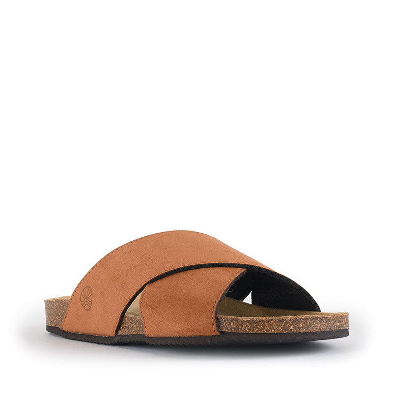The Calim Vegan Crossover Sandal Slider in Light Brown provides extra support in a popular slider style. Bedroom Athletics offers a wide range of premium quality slippers, slip on boots and loungewear.