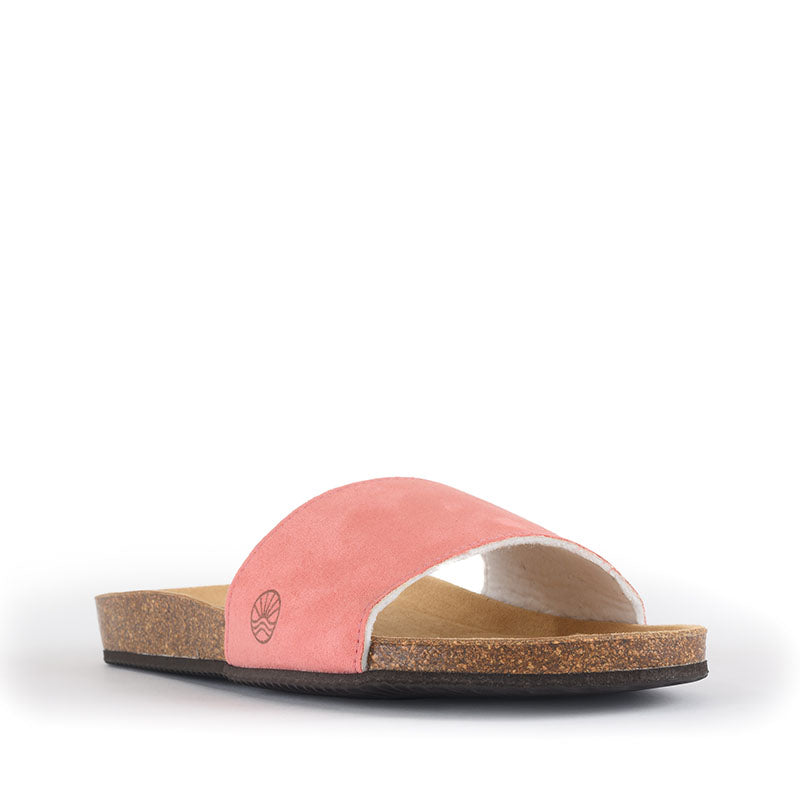 The Candali Vegan Sandal Slider in Pink has a suede-look upper and simple styling with a low heel make it a great summer staple. Bedroom Athletics offers a wide range of premium quality slippers, slip on boots and loungewear.