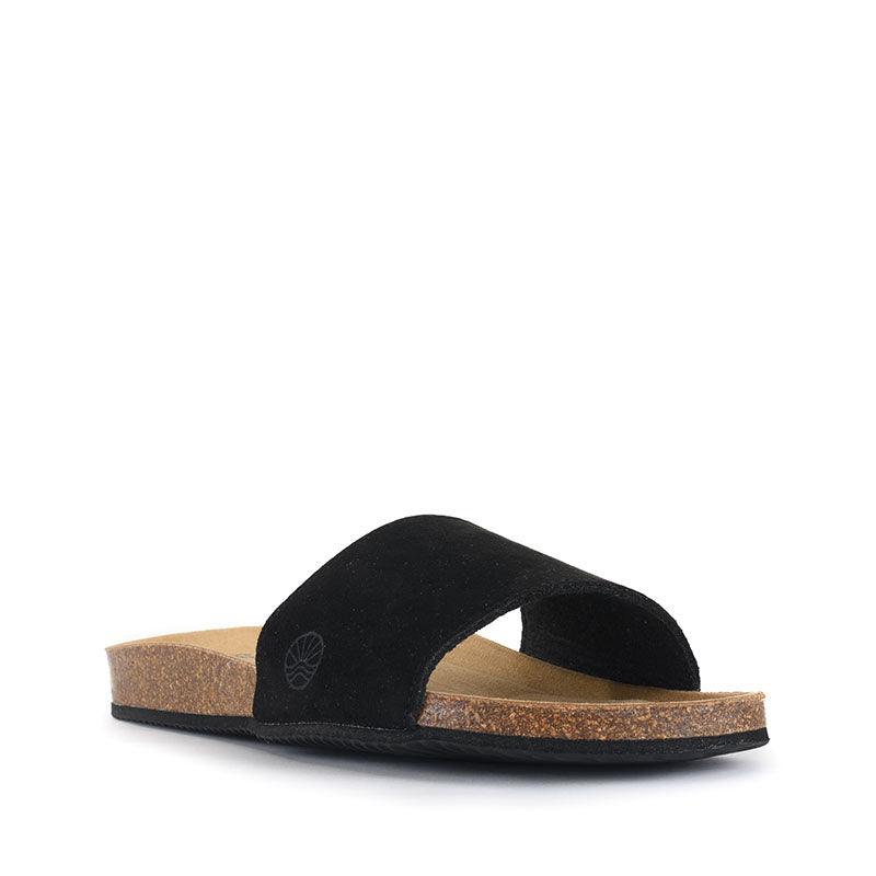 The Candali Vegan Sandal Slider in Black has a suede-look upper and simple styling with a low heel make it a great summer staple. Bedroom Athletics offers a wide range of premium quality slippers, slip on boots and loungewear.